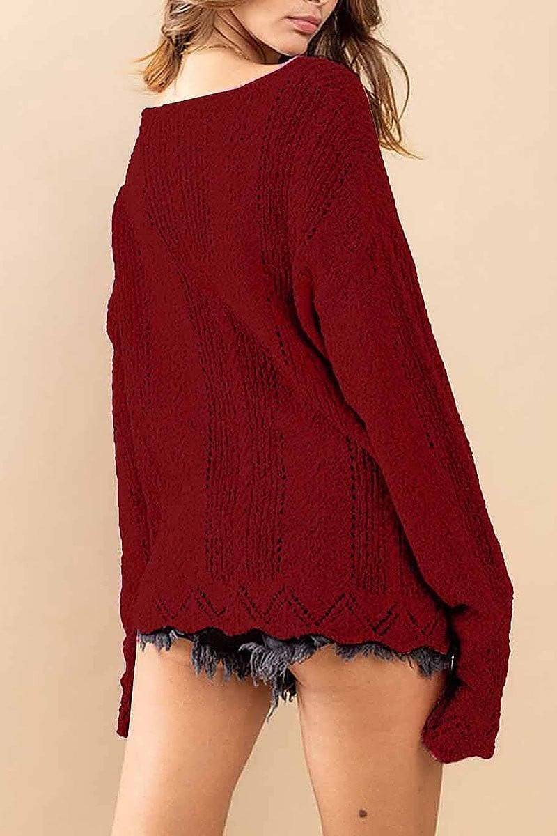 Long sleeve trim detailed knit sweater (EFWT6185)