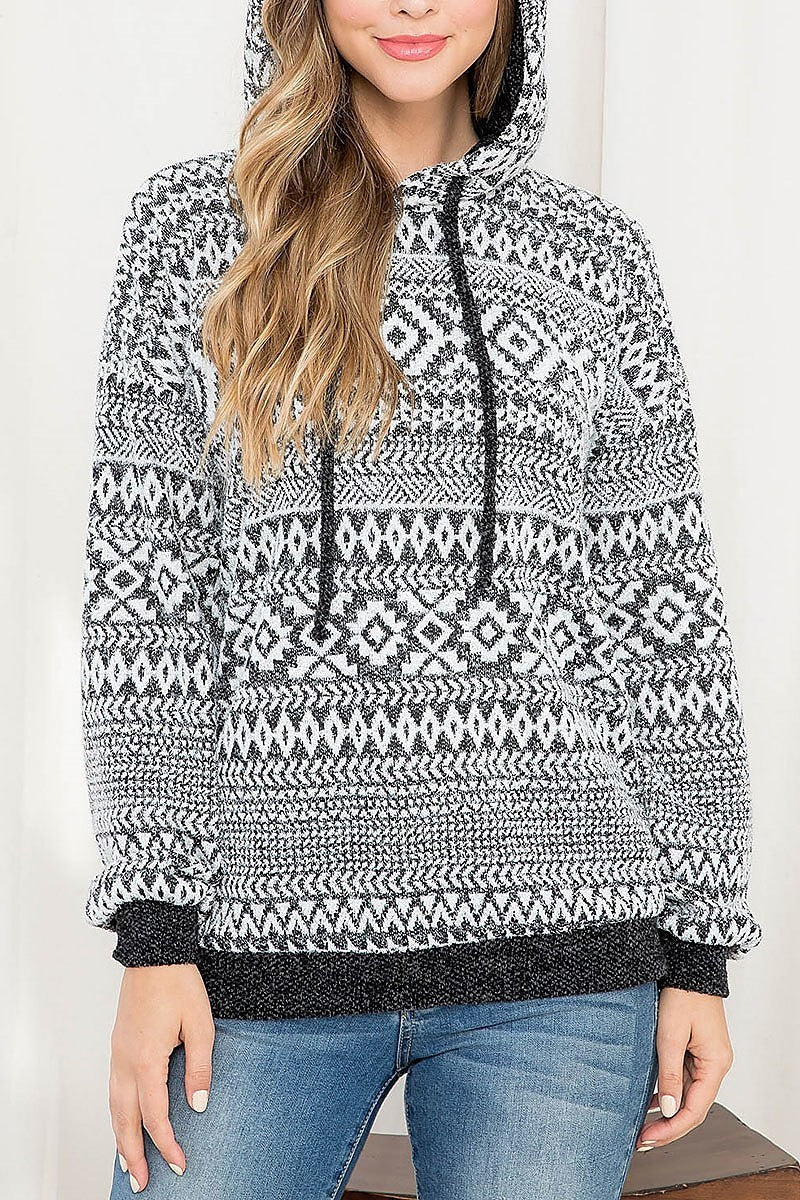 Aztec print long sleeve hacci brush hoodie (EF2823)