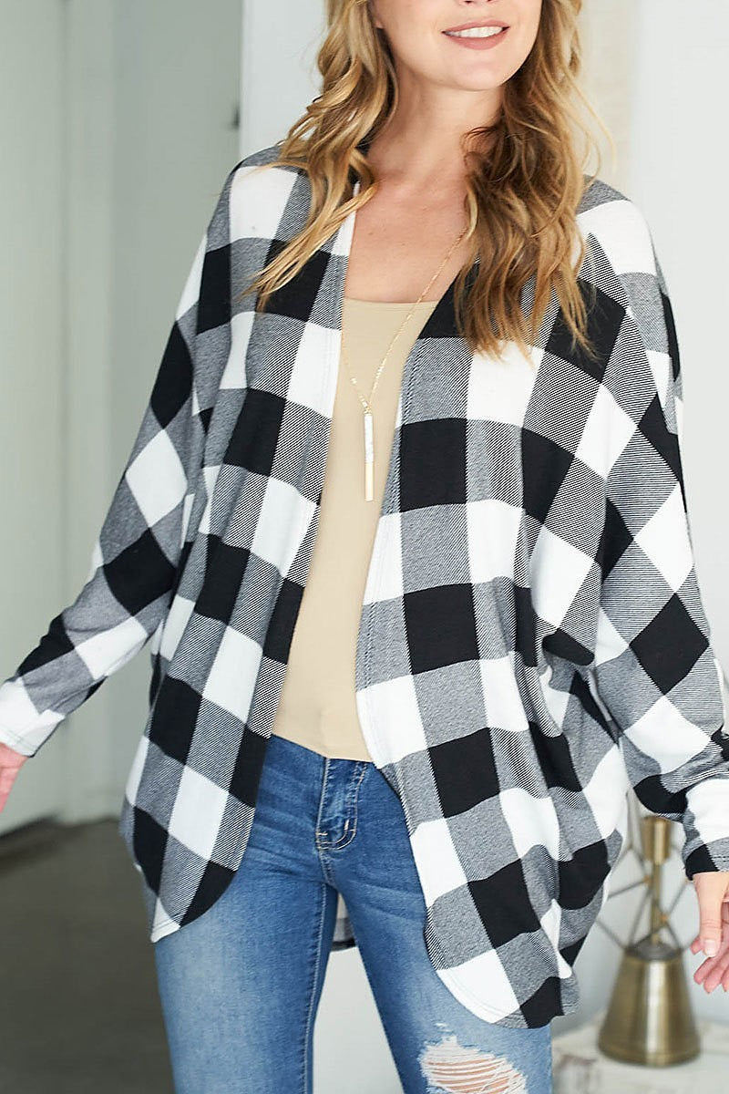 Long sleeve plaid open front cardigan (EF2375)