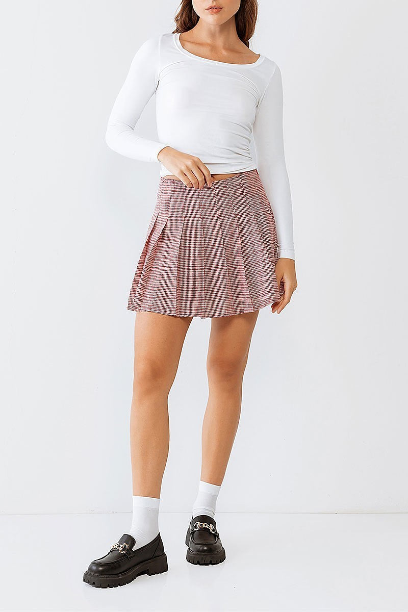 Plaid pleated cotton high waist mini skirt (TDG9942)