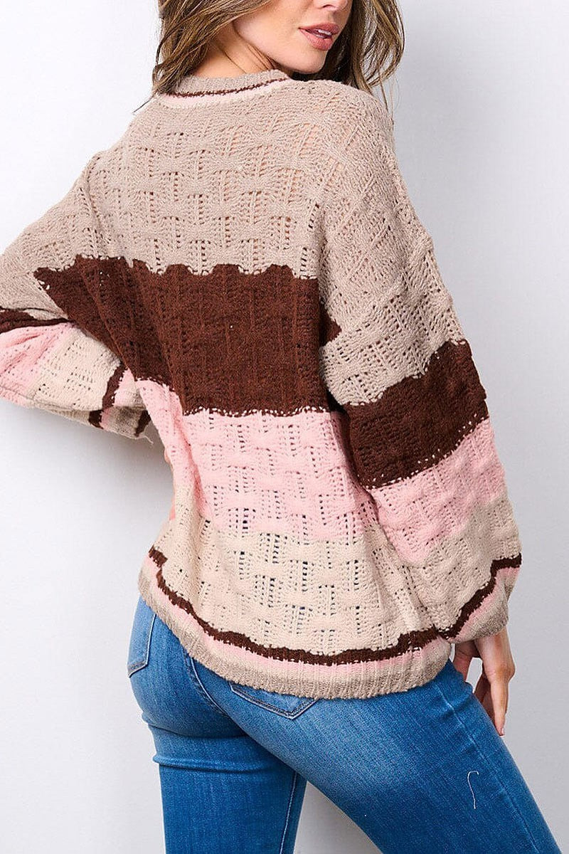 Long sleeve colorblock knit sweater (EFWT7495)