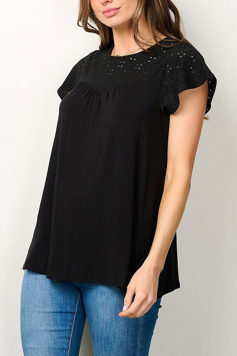 Short sleeve eyelet blouse top (EFWT7057)