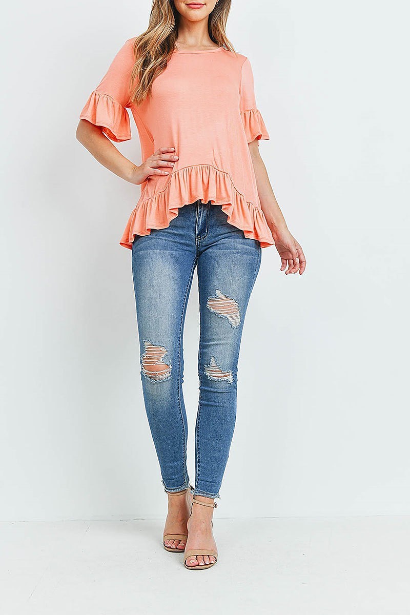 Ruffle detail hi lo hem loose fit top (ED9805)