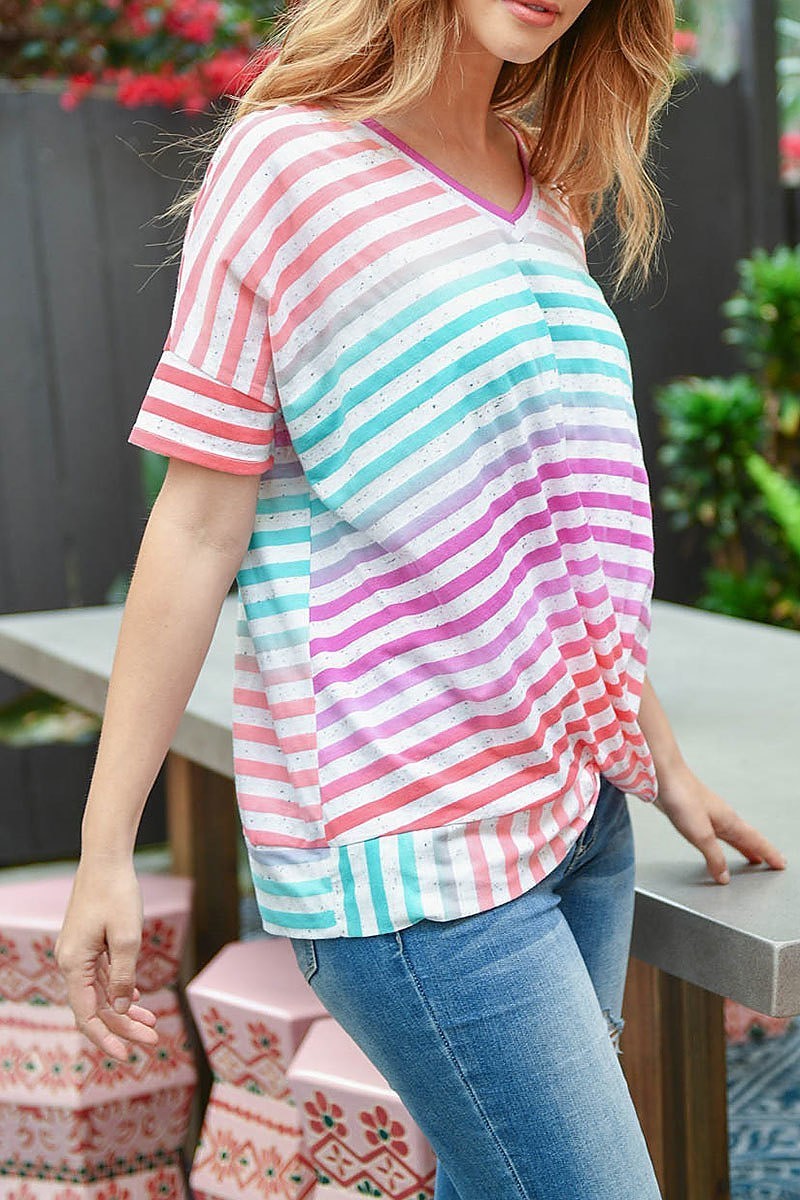 V neck dolman sleeves ombre stripes knot top (ED9628)