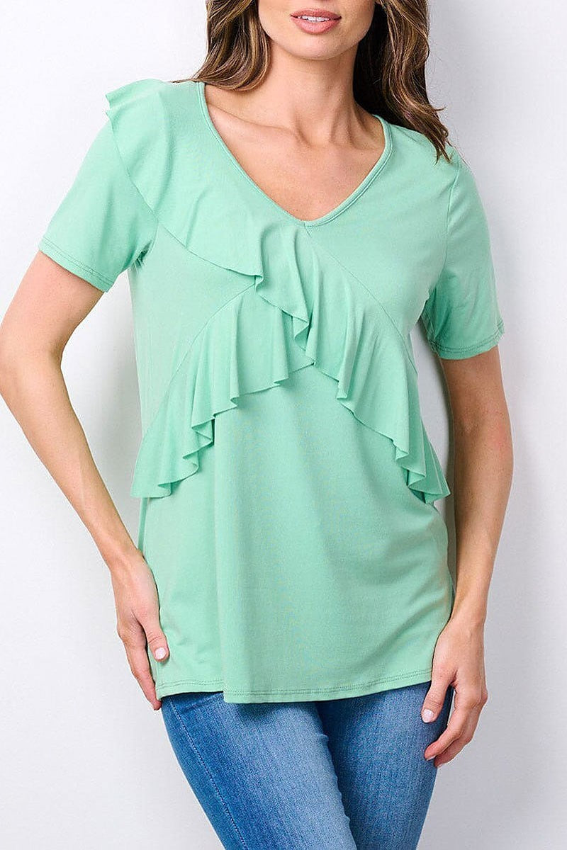 Short sleeve v-neck ruffle detailed top (EFWT7525)