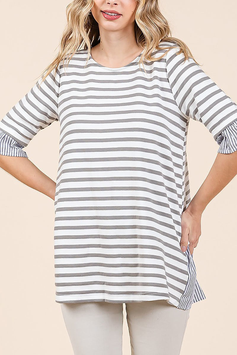 Cotton stripe lace up detail top (EDH2135)