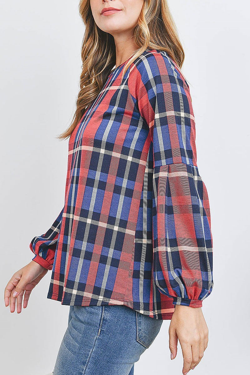 Puff sleeve crew neck plaid top (EF2399-1)