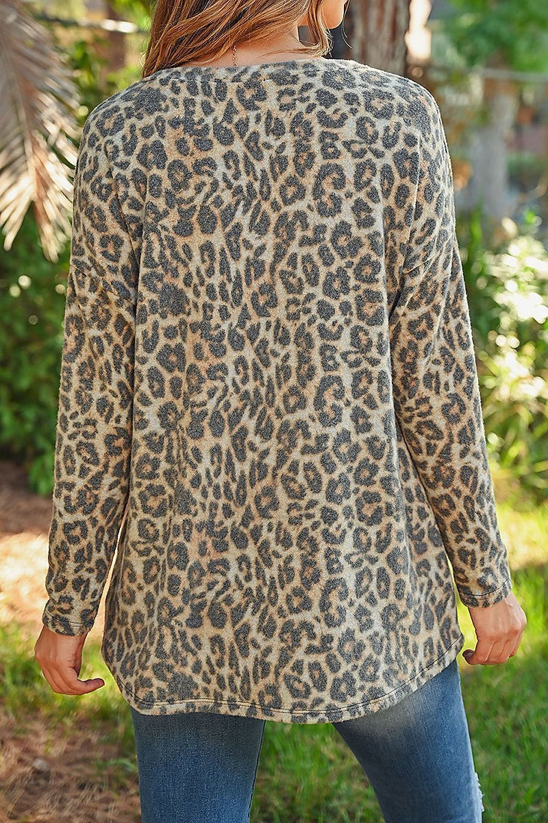 Brushed long sleeve v neck leopard knot top (ED8358-1)