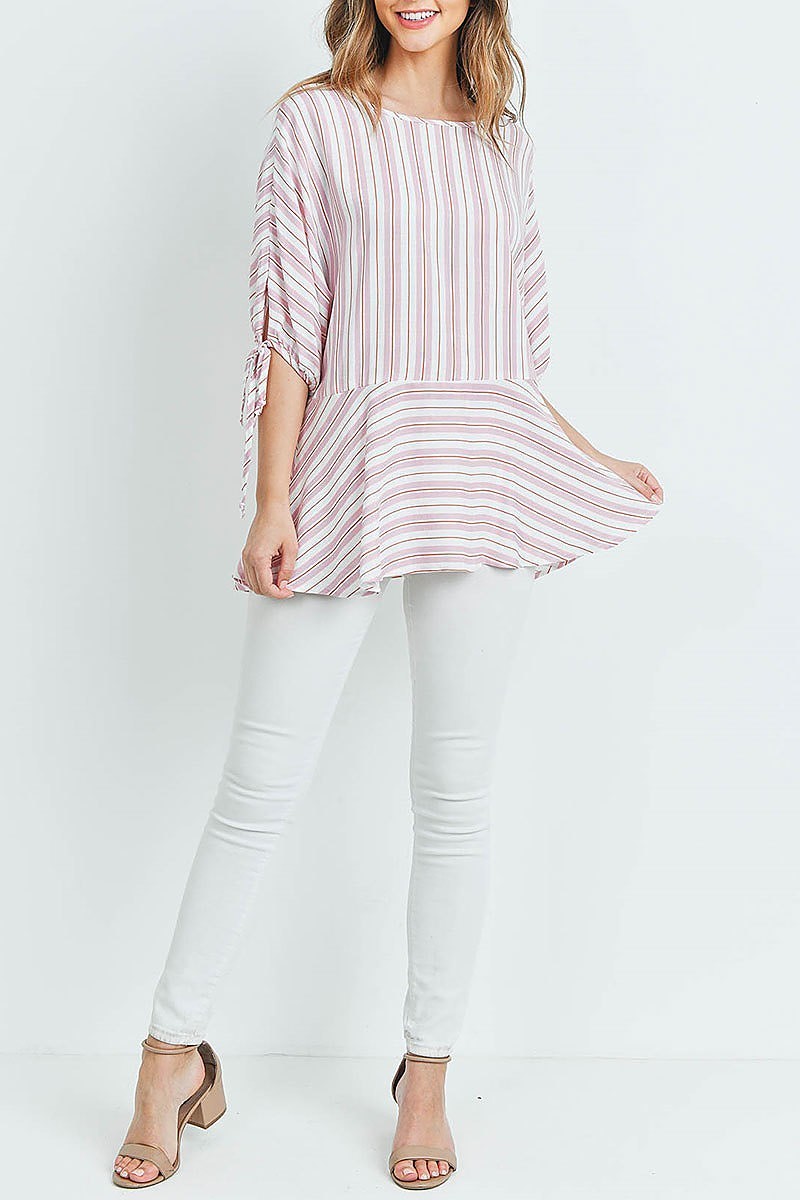 Tie sleeve boat neck stripe loose fit top (ED8587-2)