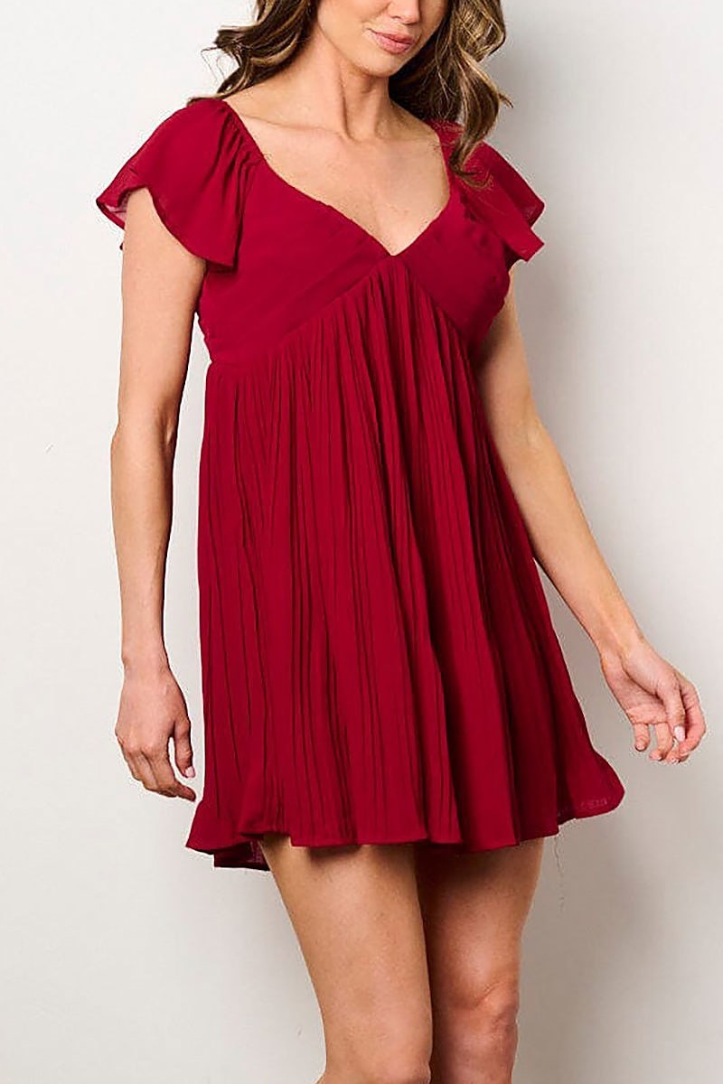 Short ruffle sleeve v-neck fit & flare mini dress (EFWT9192)