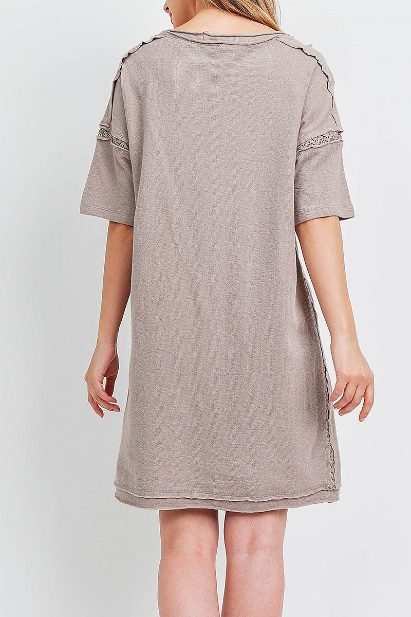 Lace trim raw edge detail loose fit dress (DED6554)