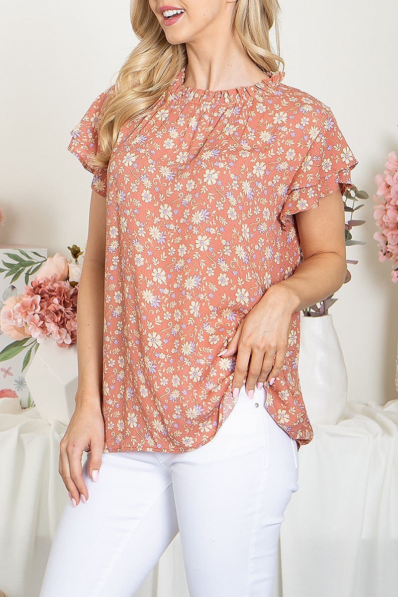 Floral printed neckline ruffle neckline top (EF5675)