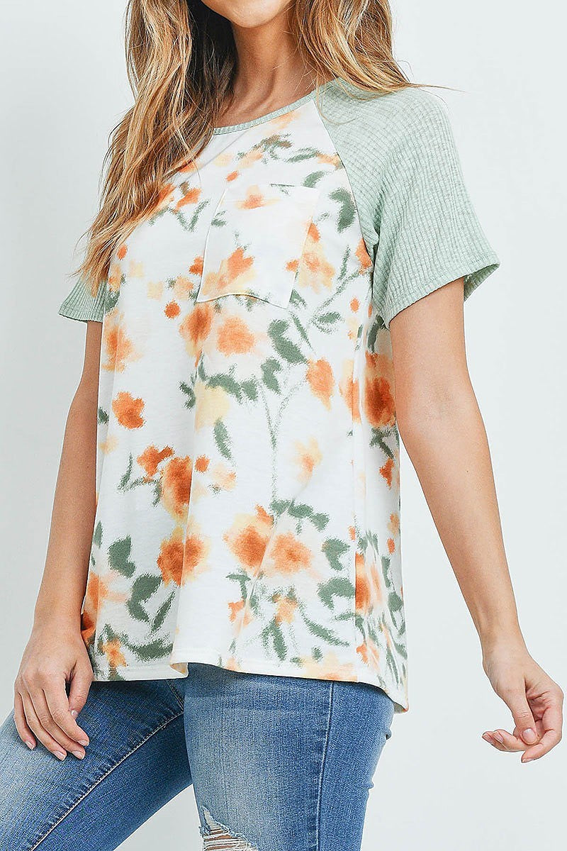 Waffle raglan floral pocket top (ED9153)