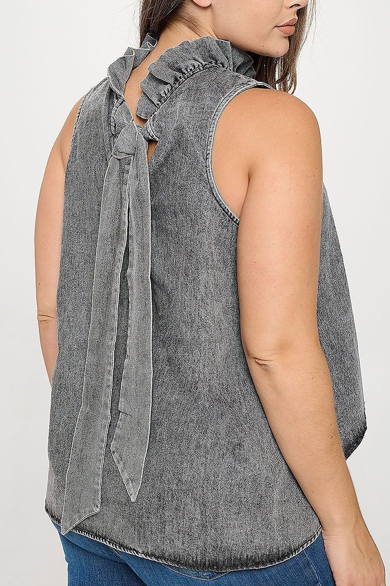 Plus size sleeveless ruffle neck denim top (XDG8260)