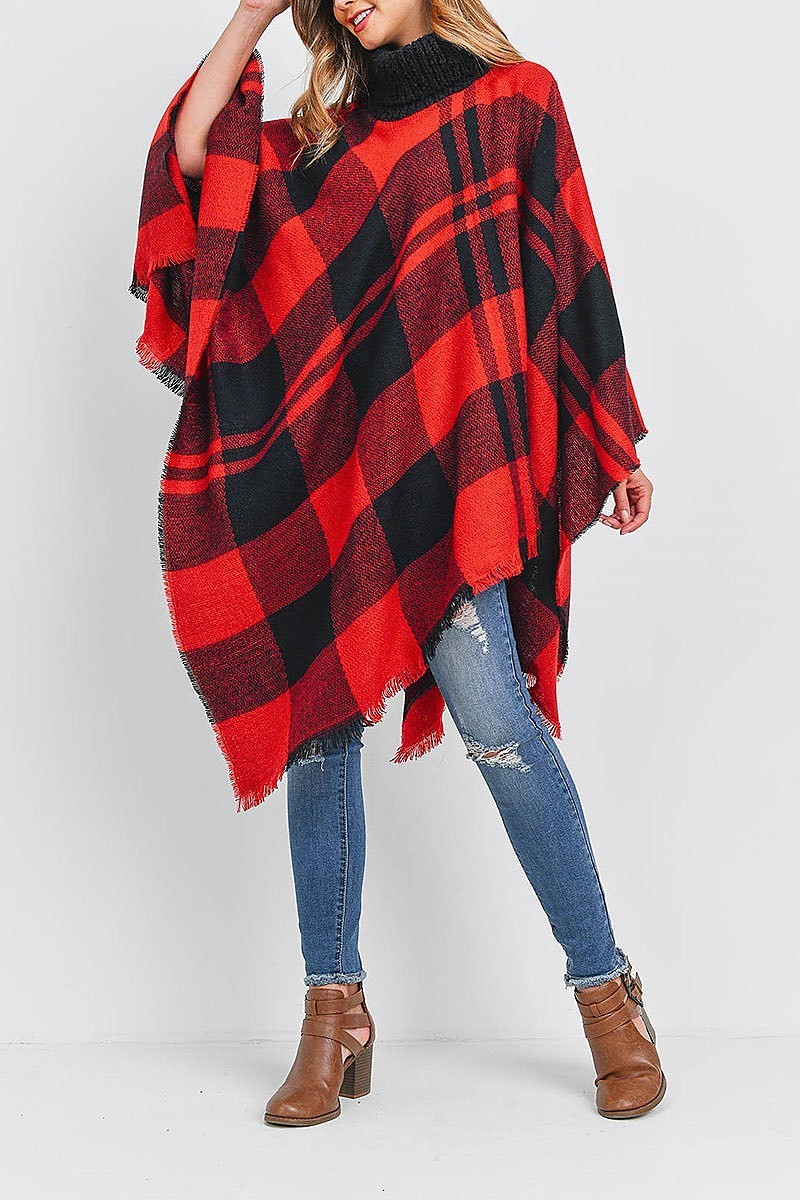 Plaid knitted turtlekneck poncho (DGS5458)