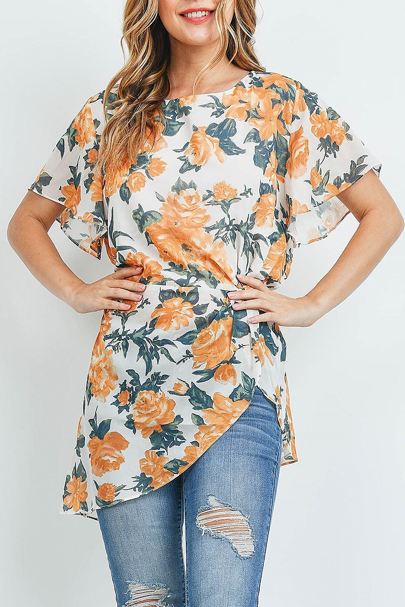 Flutter sleeve floral print pleated detail tunic top (ED9185)