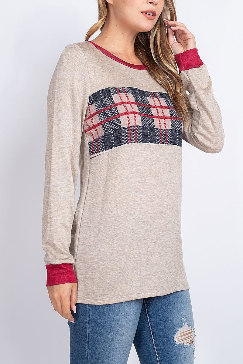 Plaid contrast color block round neck top (EF1930)