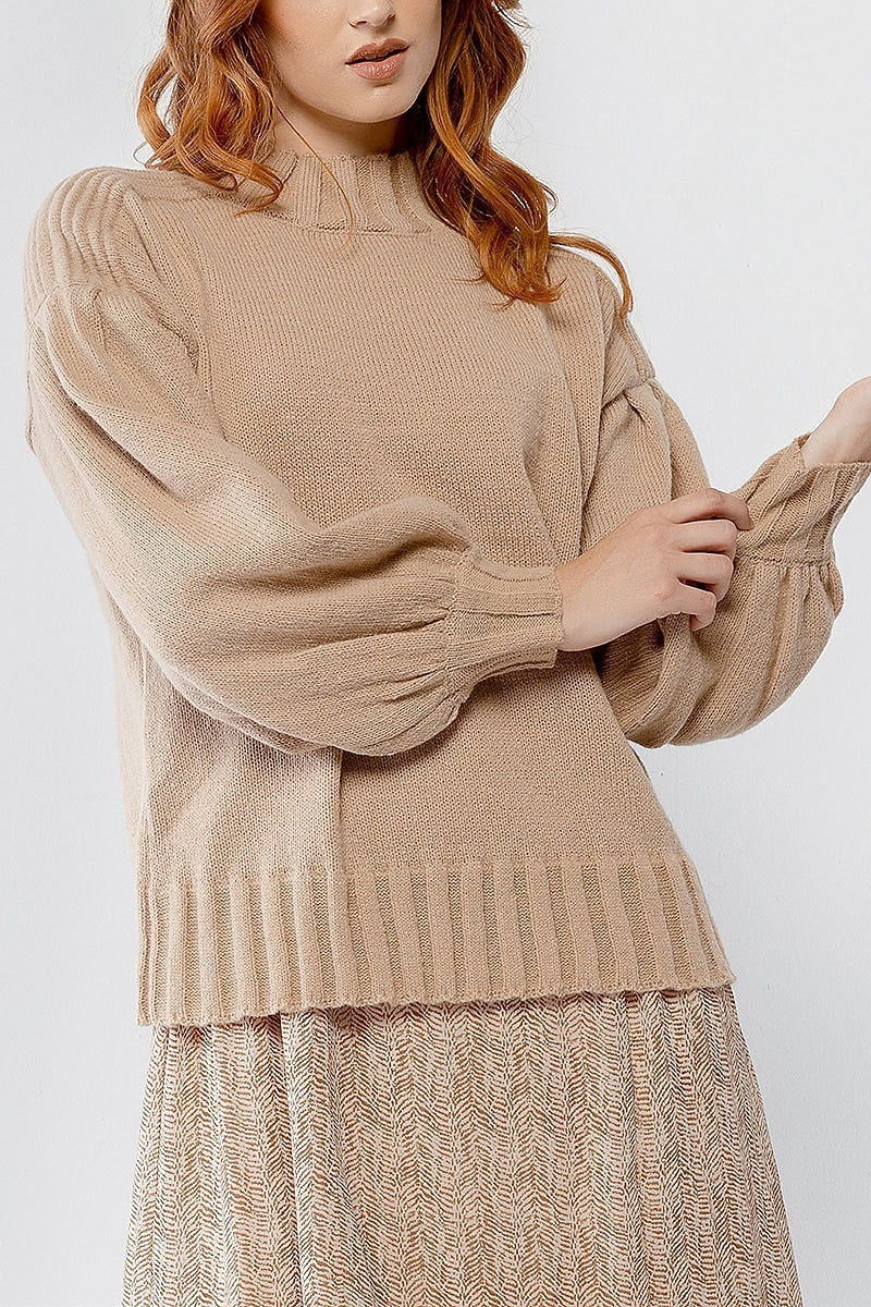 Bubble sleeve ribbed knit detail sweater (TDG9928)