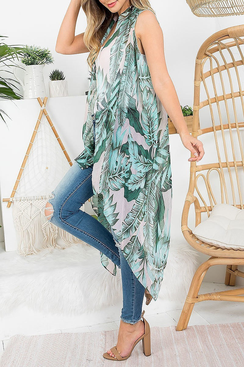 Tropical leaf print bohemiian open front kimono vest (EF3244)