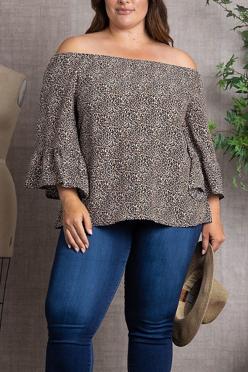 Animal off the shoulder flared sleeve plus top (EDSW3395)