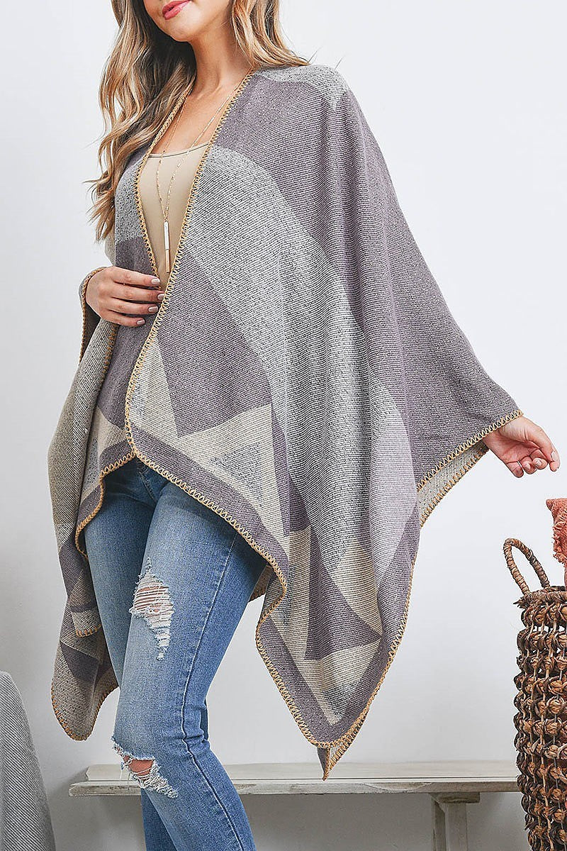 Open front geometric shape print ruana wrap kimono (DGS5500)