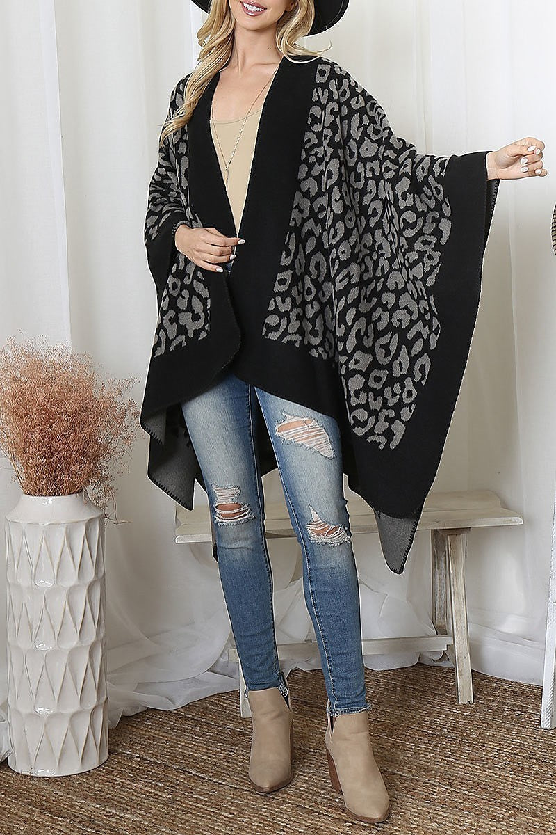 Border line leopard print warmer open front kimono (DGS6196)