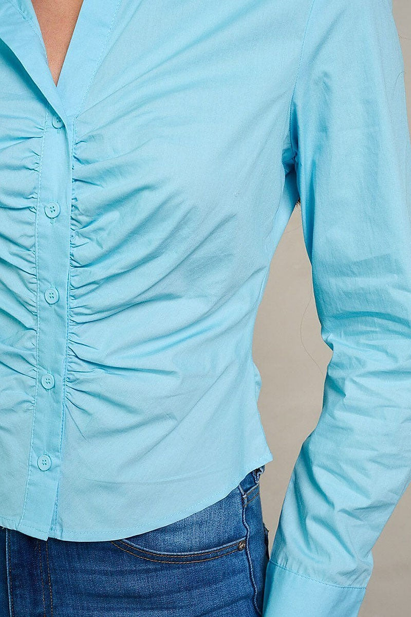 Long sleeve button closure ruched blouse top (EGWT1862)