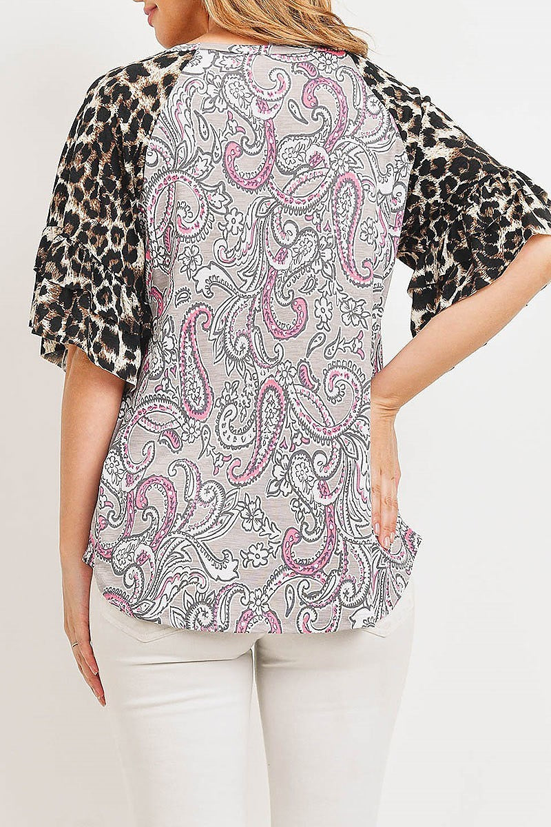 Boat neck animal paisley print color block top (ED8922)