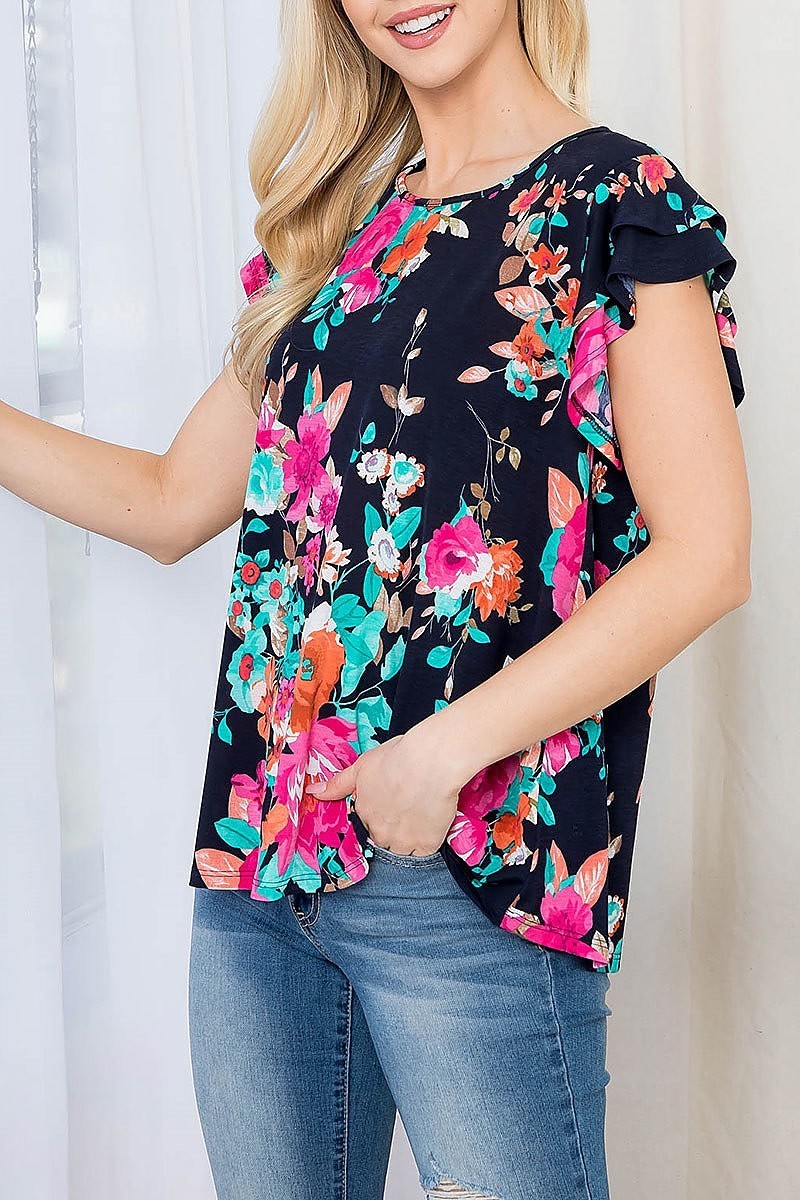 Ruffle sleeve round neck floral top (EF3034)