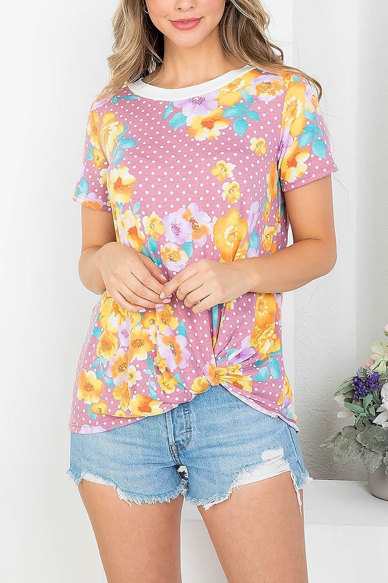 Polka dot flroal print twist hem top (EF4228)