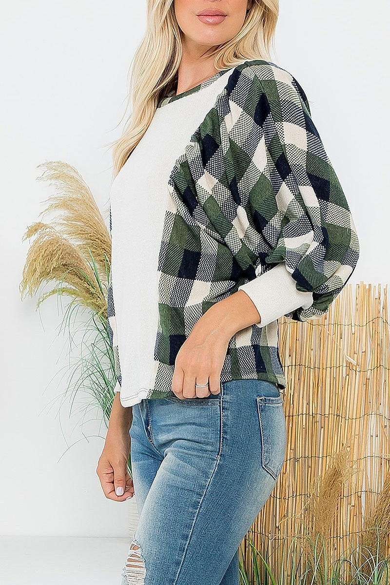 Combo plaid contrast long sleeve top (EF6097)