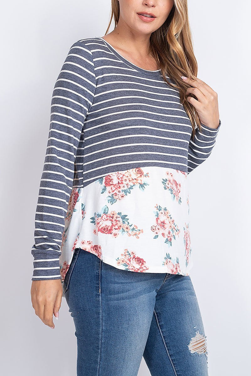 Stripe floral button trim back color block top (EF1903)