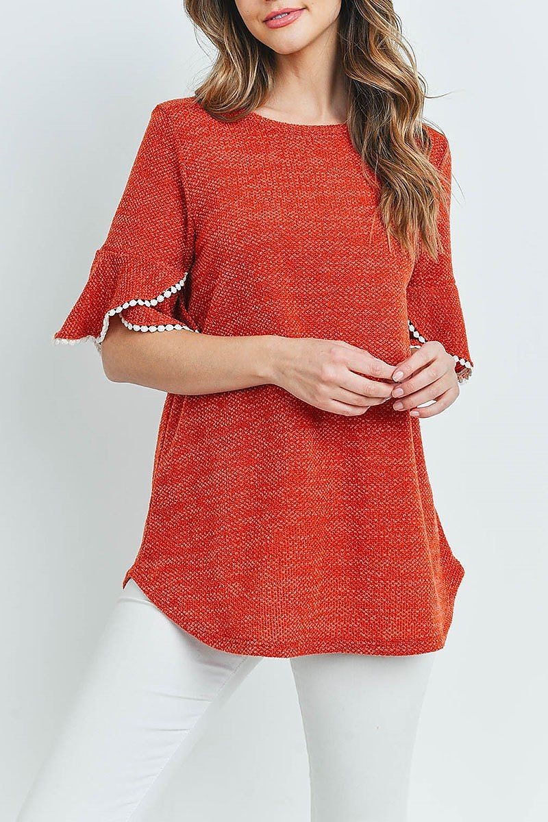 Lace detail bell sleeves round hem drake top (ED8614-1)