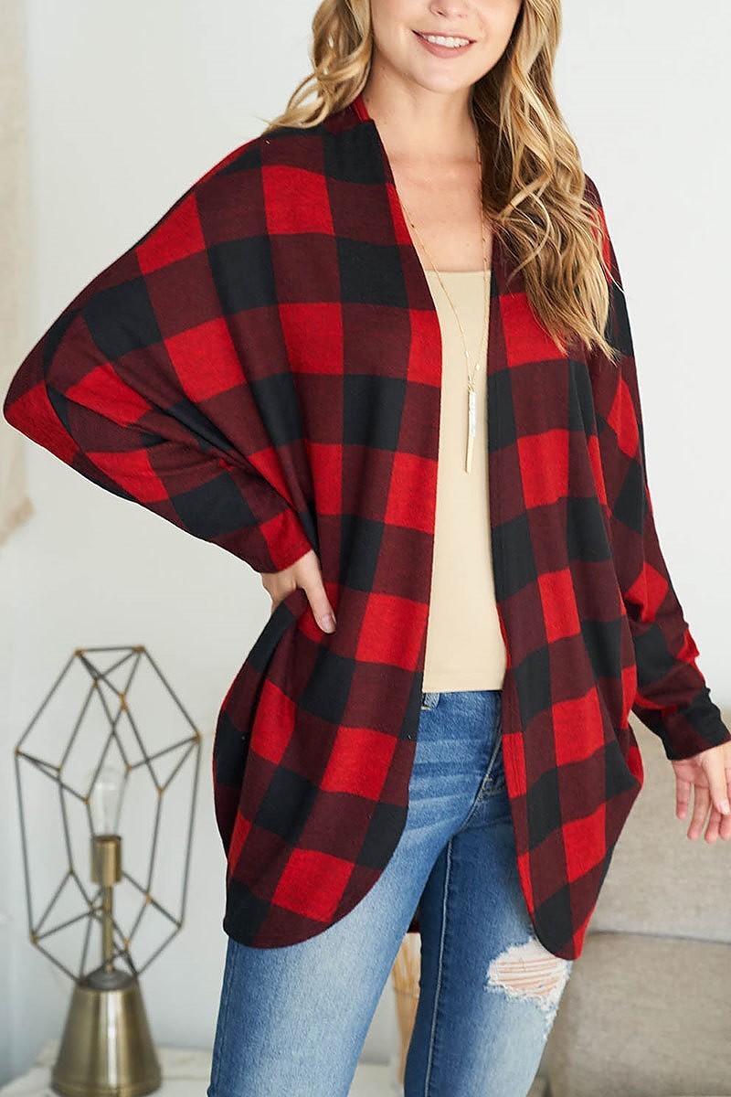 Long sleeve plaid open front cardigan (EF2374)