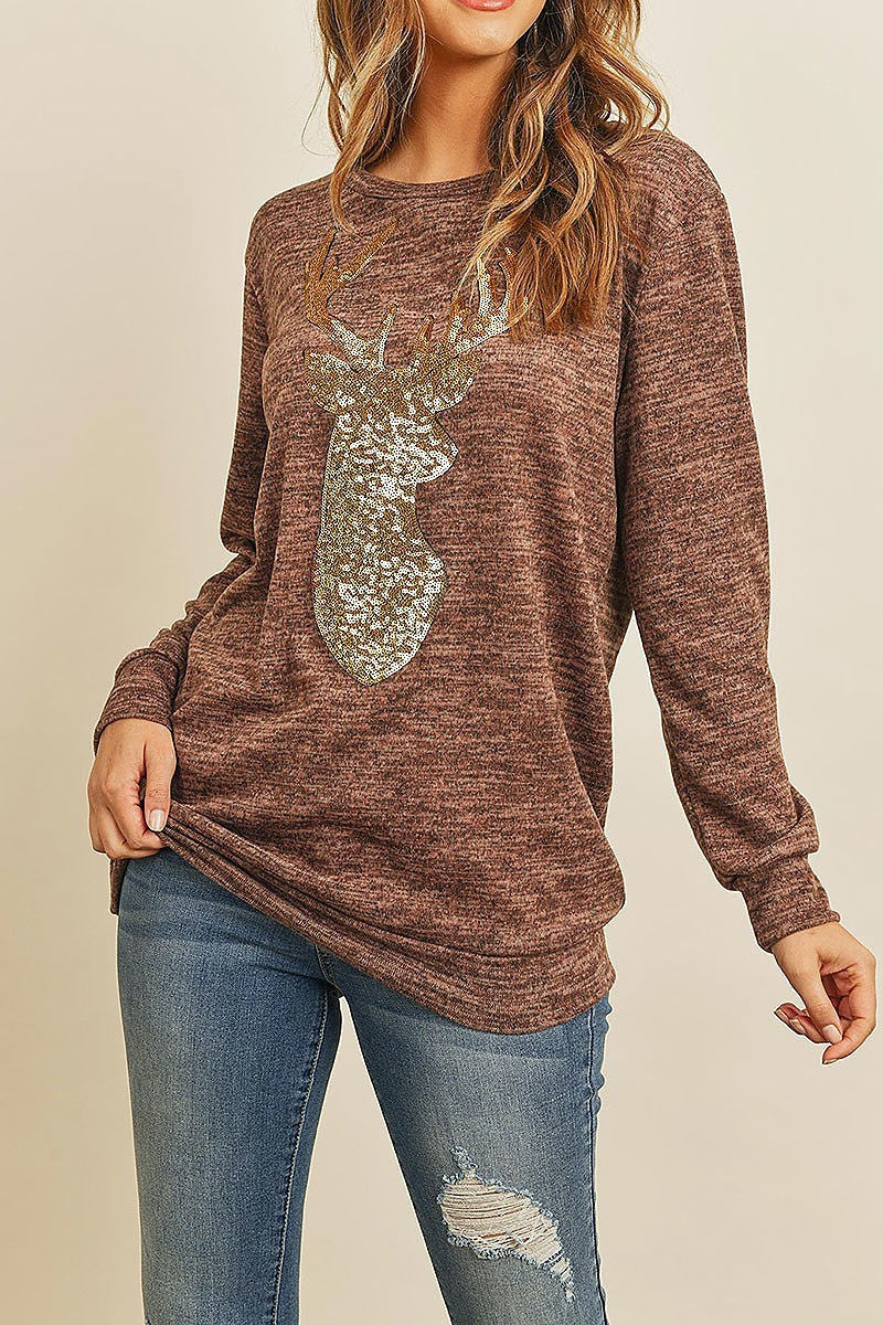 Brushed hacci sequins reindeer shape top (ED8318)