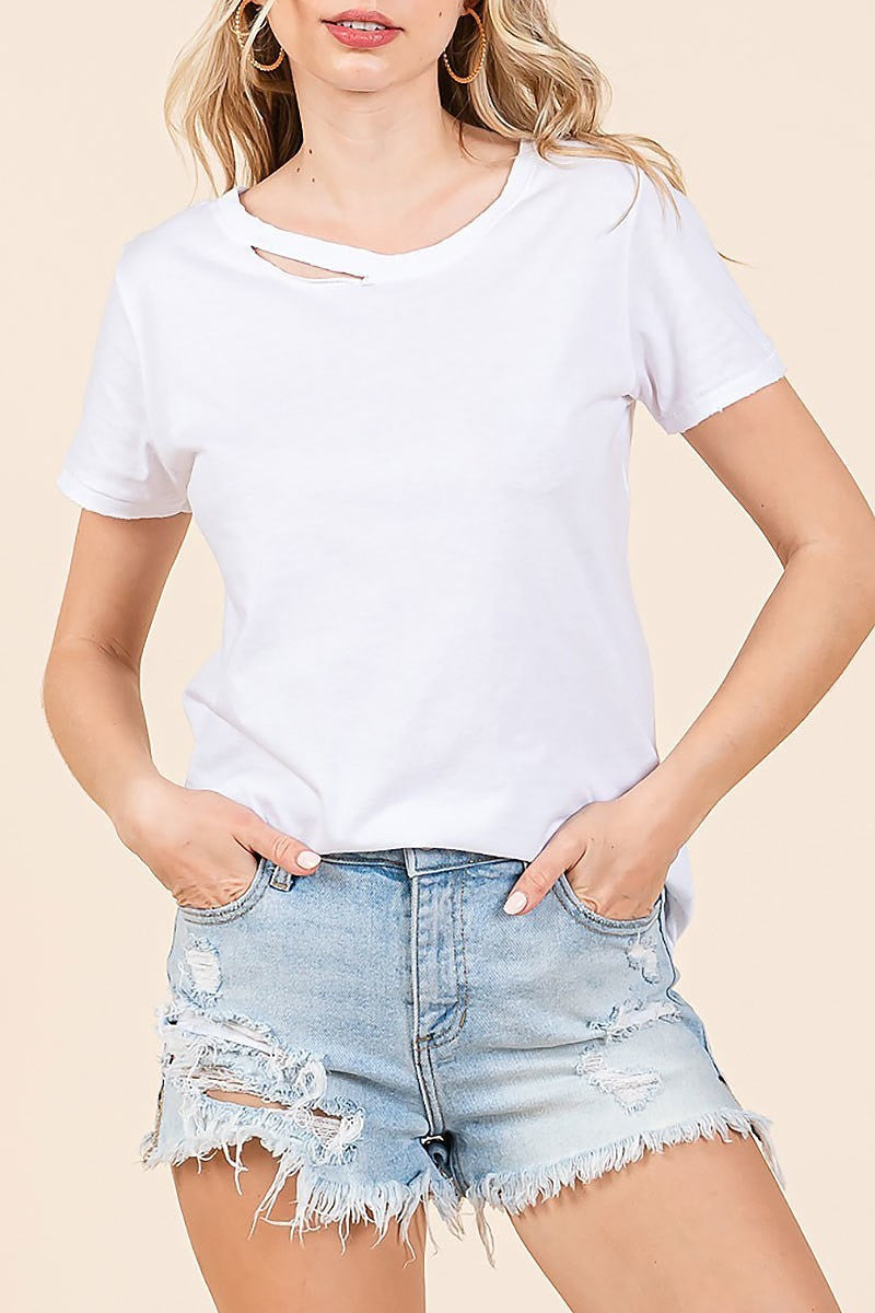 Vintage cut out solid short sleeve t-shirt (EDH2178)