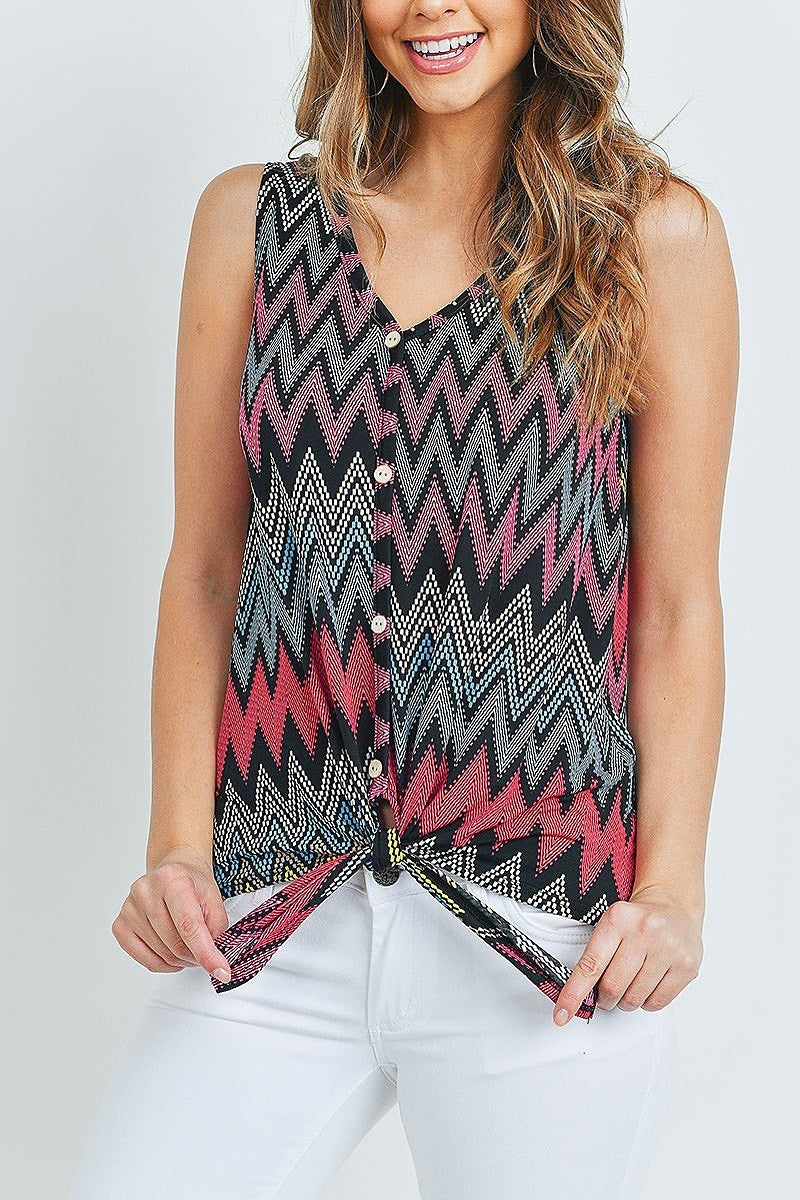 Waist tie button front chevron print top (ED8537-F2RA2)