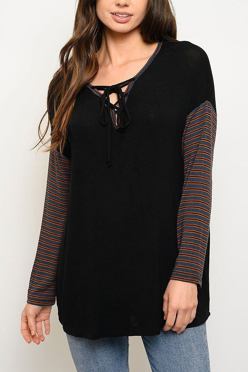 Long sleeve v neck lace up top (EDWT3525)