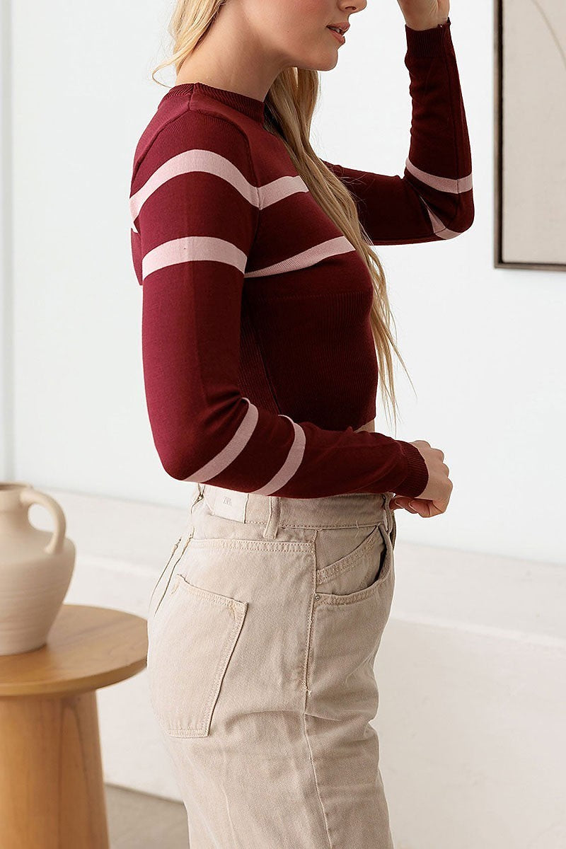 Stripe long sleeve crop knit top (TED2847)