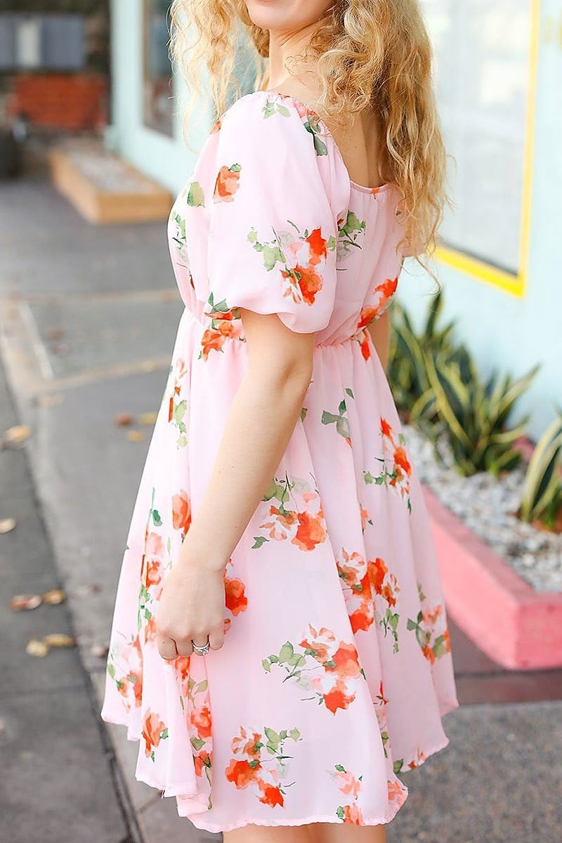 Floral puff bubble short sleeve midi dress (ETBM4593)