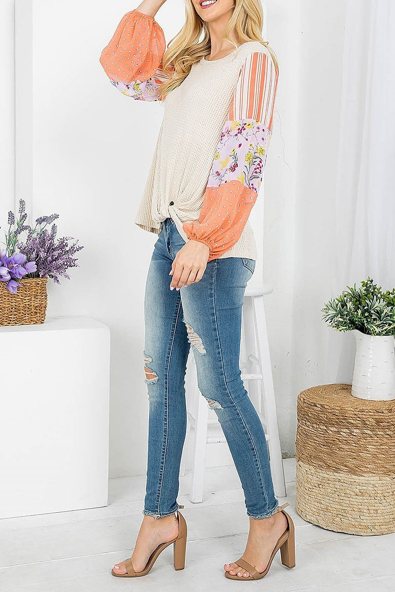 Stripte floral polka dot mix sleeve thermal top (EF4153)