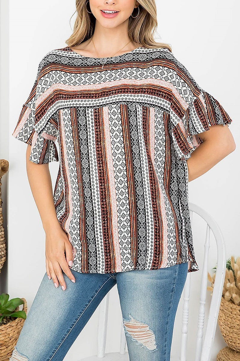 Tribal stripe ruffle sleeve top (EF4351)