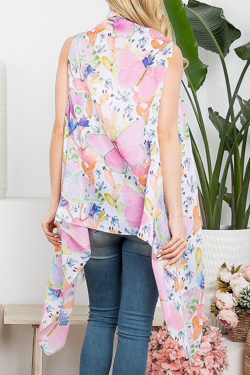 Tropical flower print open front kimono vest (EF5317)