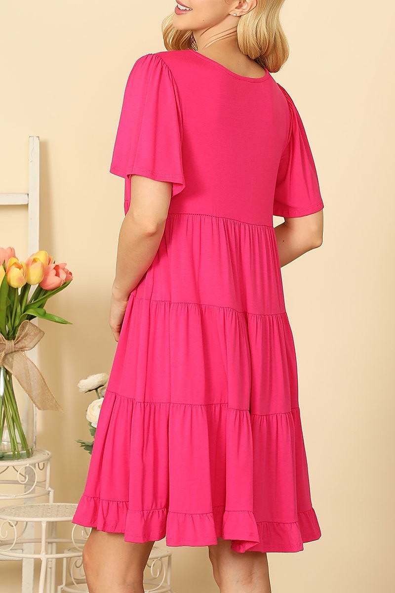 Ruffle short sleeve tiered solid dress (DED9451)