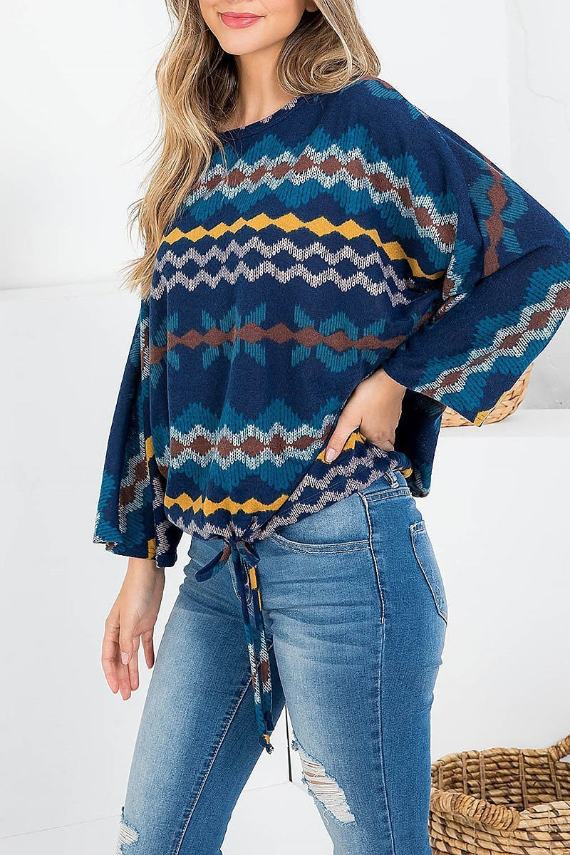 Geo print waist tie wide sleeve top (EF2432)