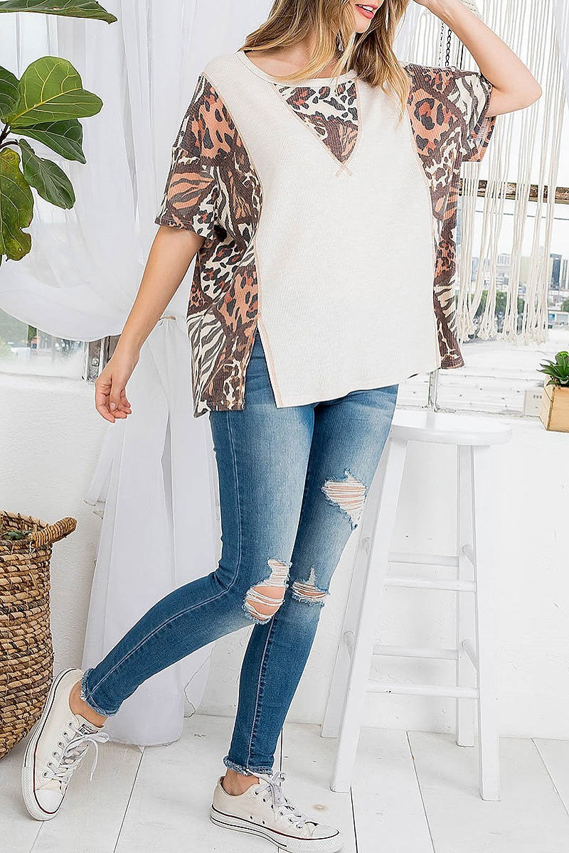 Animal print slit detail color block top (EF3081)