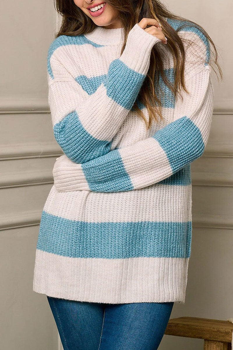 Long sleeve colorblock stripes pullover sweater (EFWT5757)