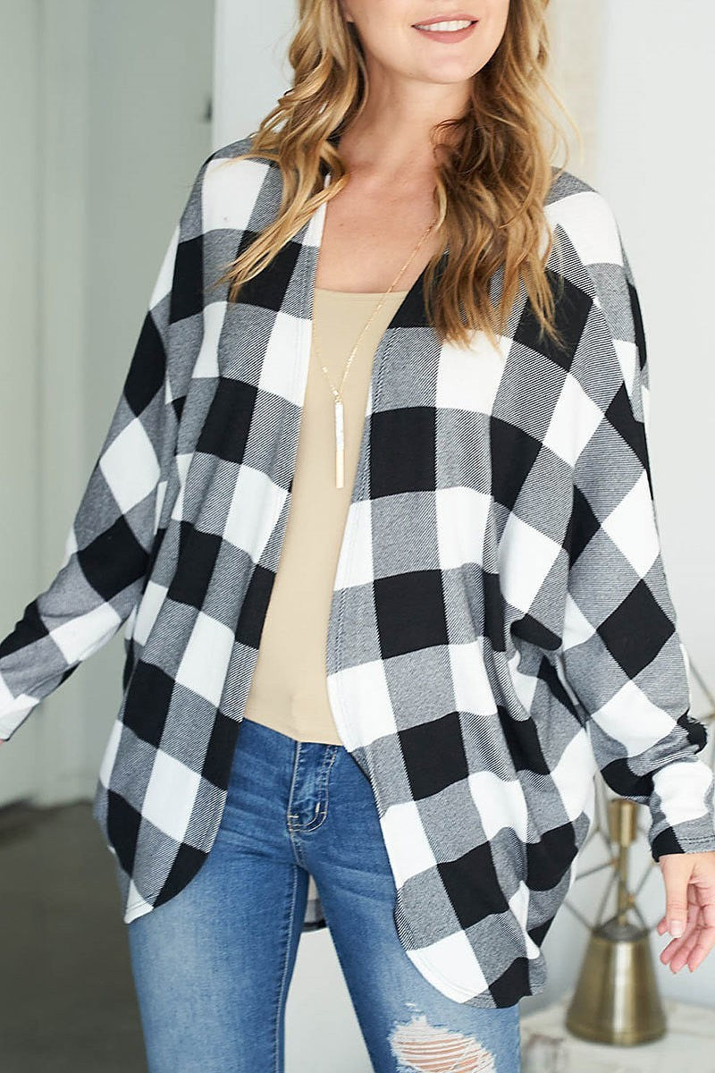 Long sleeve plaid open front cardigan (DGS5607)