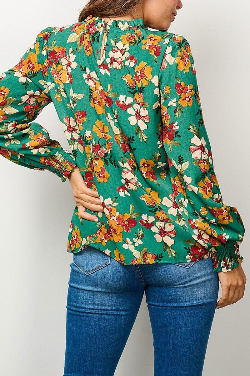 Long sleeve mock neck floral blouse top (EFWT6667)