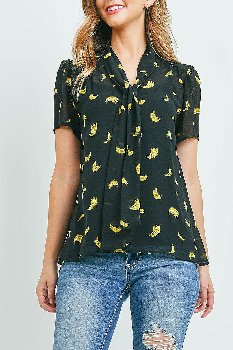 Banana print tie neck detail sheer top (ED9350)